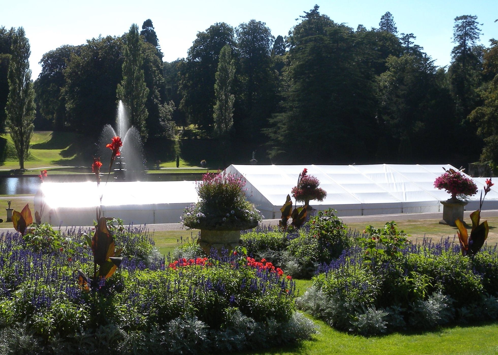 Exterior view of Wedding Marquees in the Italian garden at Bicton Botanical Gardens, Devon